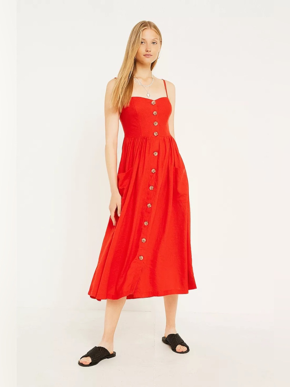 Urban Outfitters Orange/Red Linen Midi Dress in Small